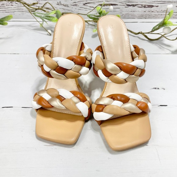 NEW Women's Camel Open Toe Pumps with Braided Straps - Size 6 - Picture 2 of 9